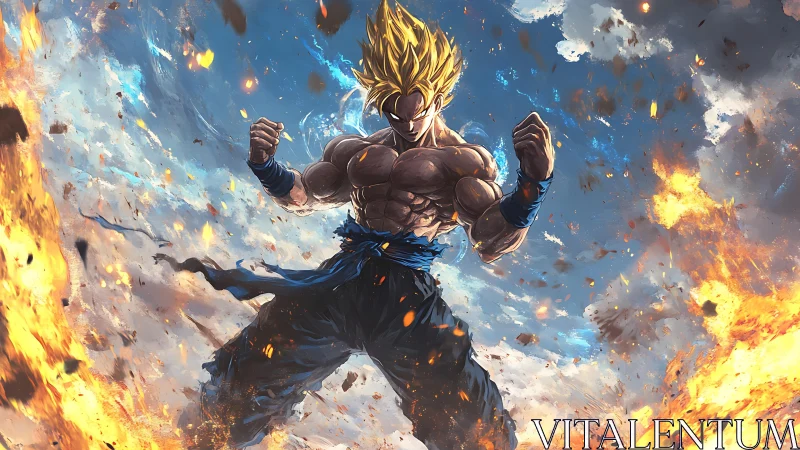 Powerful anime warrior amid clouds and erupting flames.