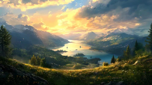 Sunset rivers run like molten glass through whispering peaks