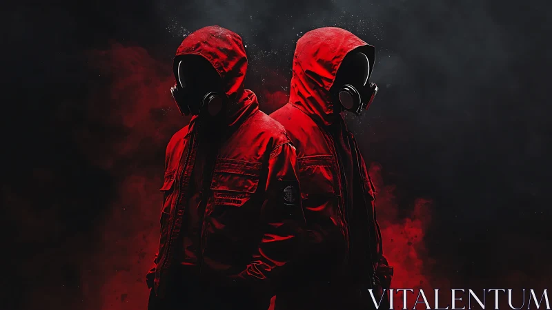Mysterious red-hooded duo standing in swirling dark smoke.