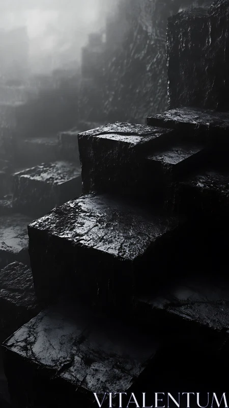 Midnight basalt stairway quietly climbs through drifting fog