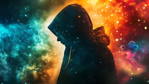 Hooded silhouette divides nebula-like teal and orange light