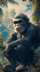 Stoic silverback gorilla poised in lush misty jungle.