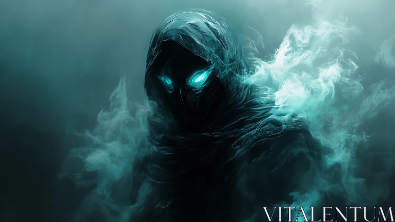 Spectral wraith with glowing cyan eyes in swirling mist.