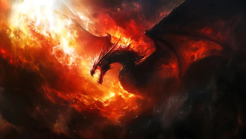 Firestorm dragon soars through burning cosmic clouds.
