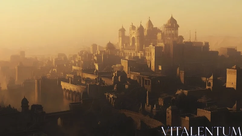 Sunlit citadel rising through golden desert haze at dawn.