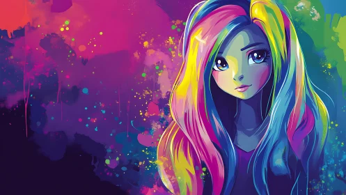 Neon anime portrait with multicolor hair against splatter gradient