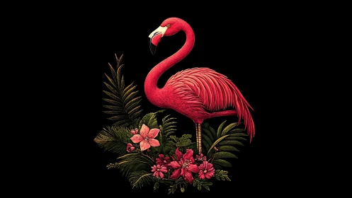 Elegant flamingo stands amid vivid tropical florals on black