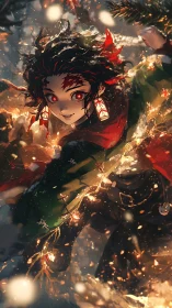Joyful anime hero dashes through sparkling winter lights