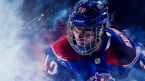 Hockey player charges through icy blue smoke in motion.