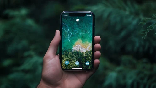 iPhone displaying aerial coastal landscape photograph.