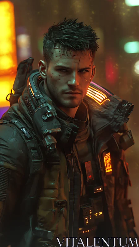 Neon city wanderer studies the night with quiet resolve