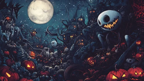 Lunar-illuminated infernal pumpkin settlement with skeletal giants.