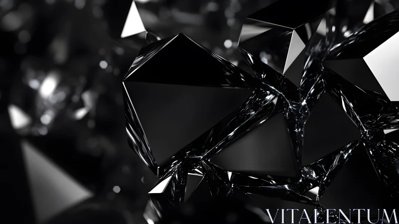 Abstract black crystal cluster with glossy geometric surfaces.