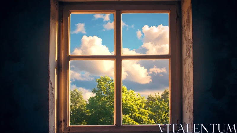 Old plastered window frames vivid cumulus clouds and foliage