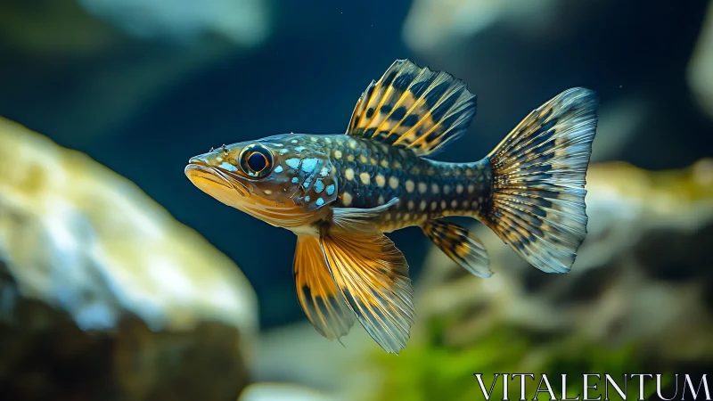 Iridescent spotted fish suspended in vivid aquatic depth.