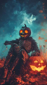 Pumpkin-headed skeleton scarecrow amid burning autumn leaves