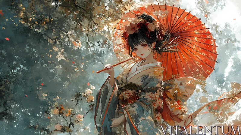 Kimono-clad anime woman under detailed red parasol.