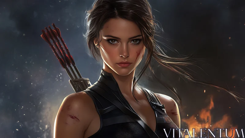 Battle-scarred archer stares ahead through drifting embers