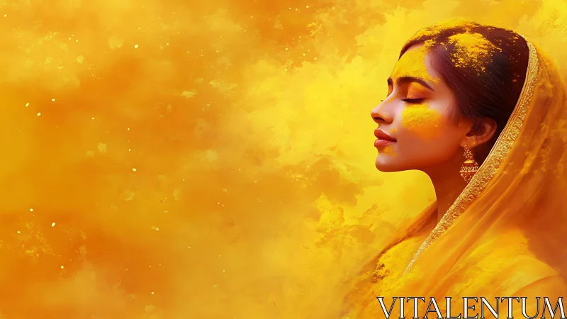 Serene Indian Woman in Yellow Powder, Vibrant Artistic Portrait.
