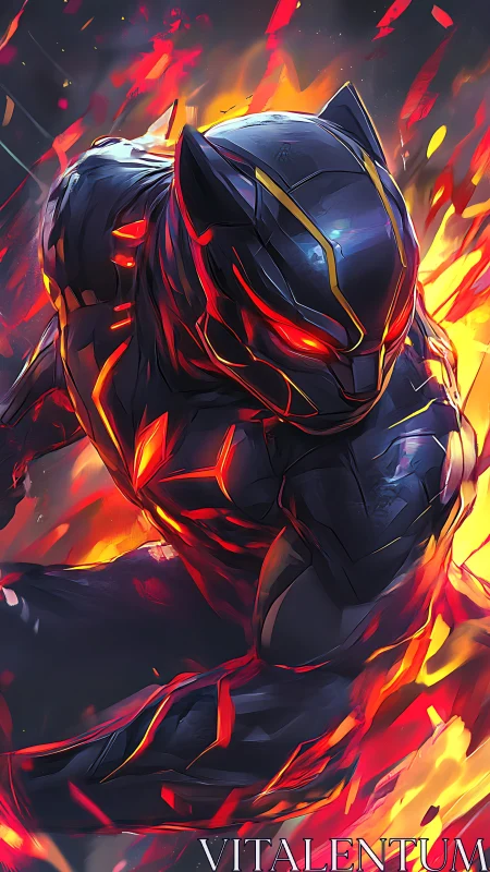 Fierce futuristic panther hero racing through molten light.