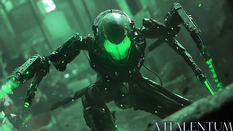 Crawling combat android with neon green core in ruins.