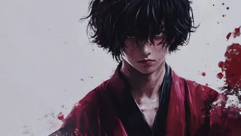 Digital painting portrait of brooding warrior in red kimono.