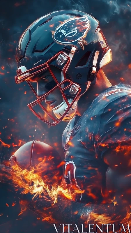 Blazing football player locks in focus amid swirling flames