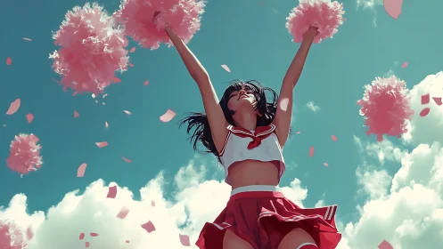 Cheerleader in red uniform raises pom poms under blue sky.