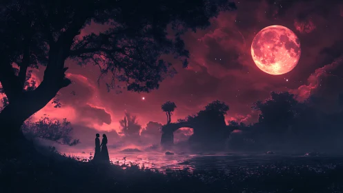 Couple by river under vivid red moonlit fantasy sky.