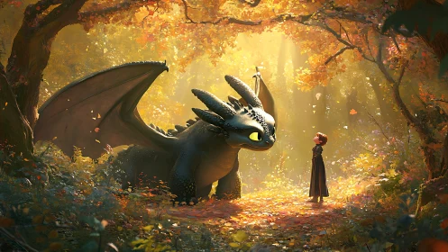 Dragon and child under golden autumn forest canopy.