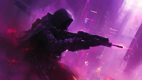 Hooded cyberpunk sniper with rifle in neon magenta haze