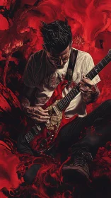 Guitarist in red abstract environment, stylized digital portrait.