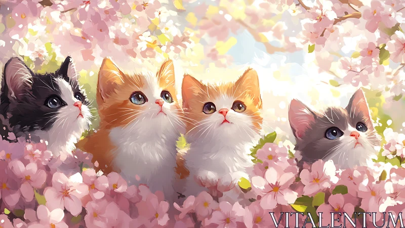 Four kittens sit among blooming pink flowers in soft natural light.