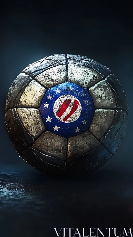 Weathered metallic soccer ball with heroic emblem center.
