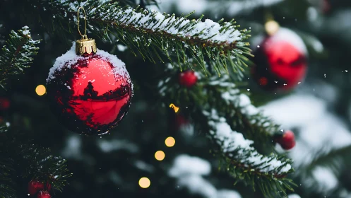 Red Christmas bauble on snow covered evergreen tree branch.