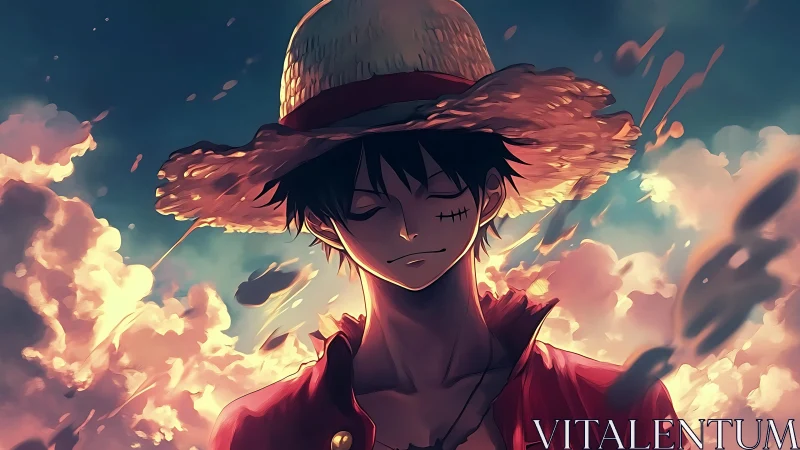 Straw-hatted figure stands against illuminated cloud backdrop