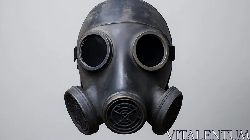 Stark gray gas mask floating in calm empty space.