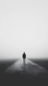 Solitary human figure on wet reflective ground in dense fog