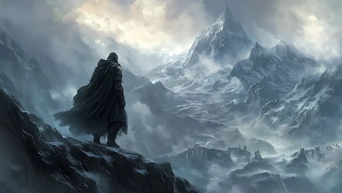 Cloaked wanderer surveys a frozen kingdom beneath stormy peaks