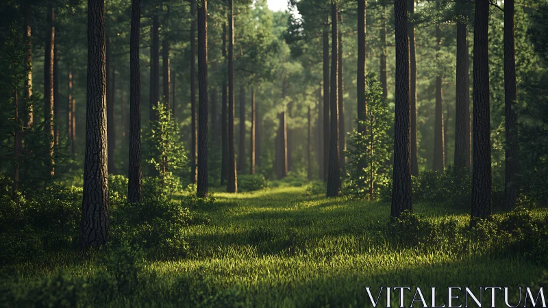 Tall pines converge through morning light in verdant forest corridor