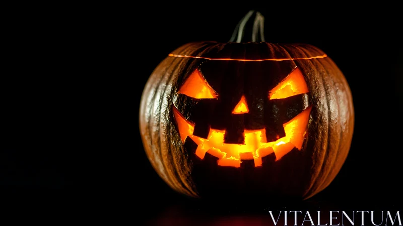 Glowing carved jack o lantern pumpkin on dark background.
