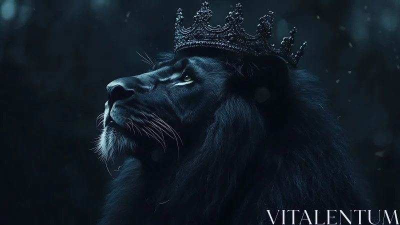 Side profile of dark-maned lion wearing ornate crown.