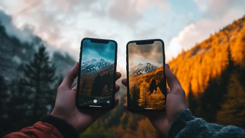 Dual smartphone frames isolating alpine landscape color states.