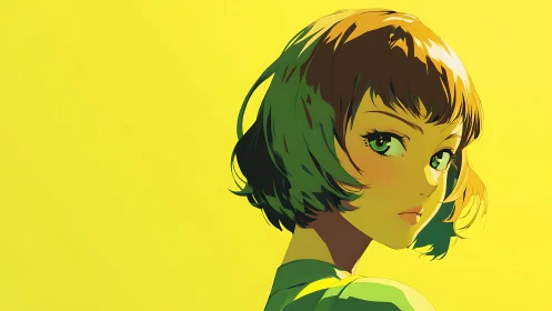 Sunlit anime portrait on bold monochrome yellow field.