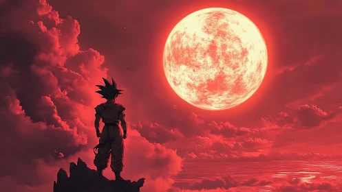 Warrior silhouette gazes toward a colossal crimson moon.