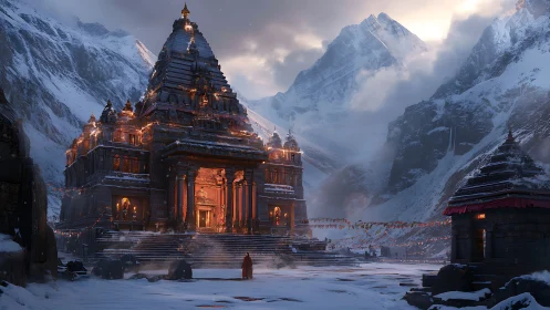 Mountain temple complex in snowy valley at dusk lighting.