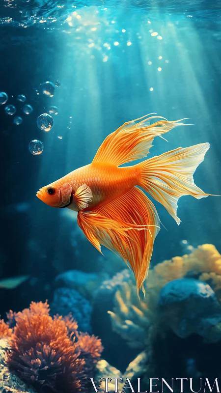 Orange betta fish swims in illuminated underwater scene