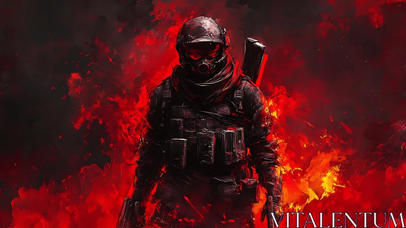 Armored soldier emerges from inferno with vivid red highlights