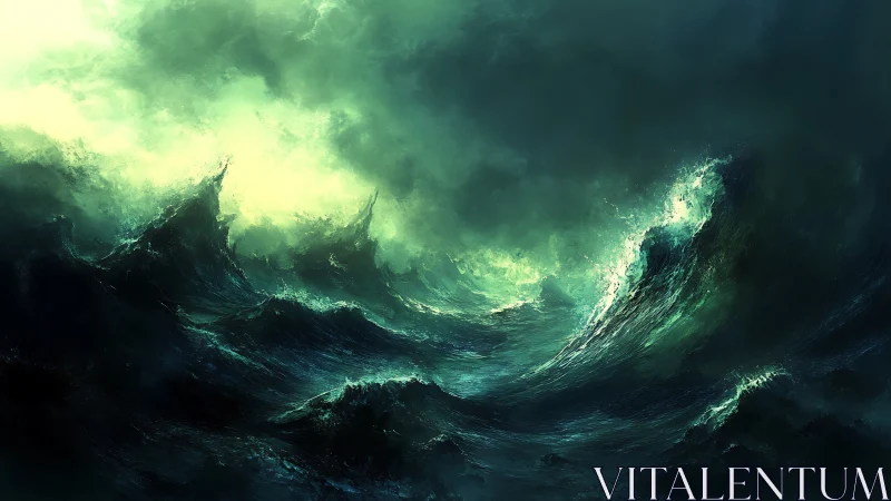 Storm-lashed emerald ocean surges beneath a glowing sky
