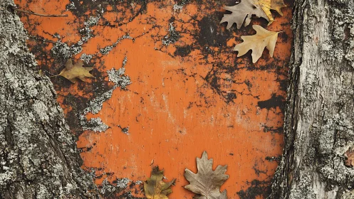 Weathered orange panel framed by lichen bark and leaves.